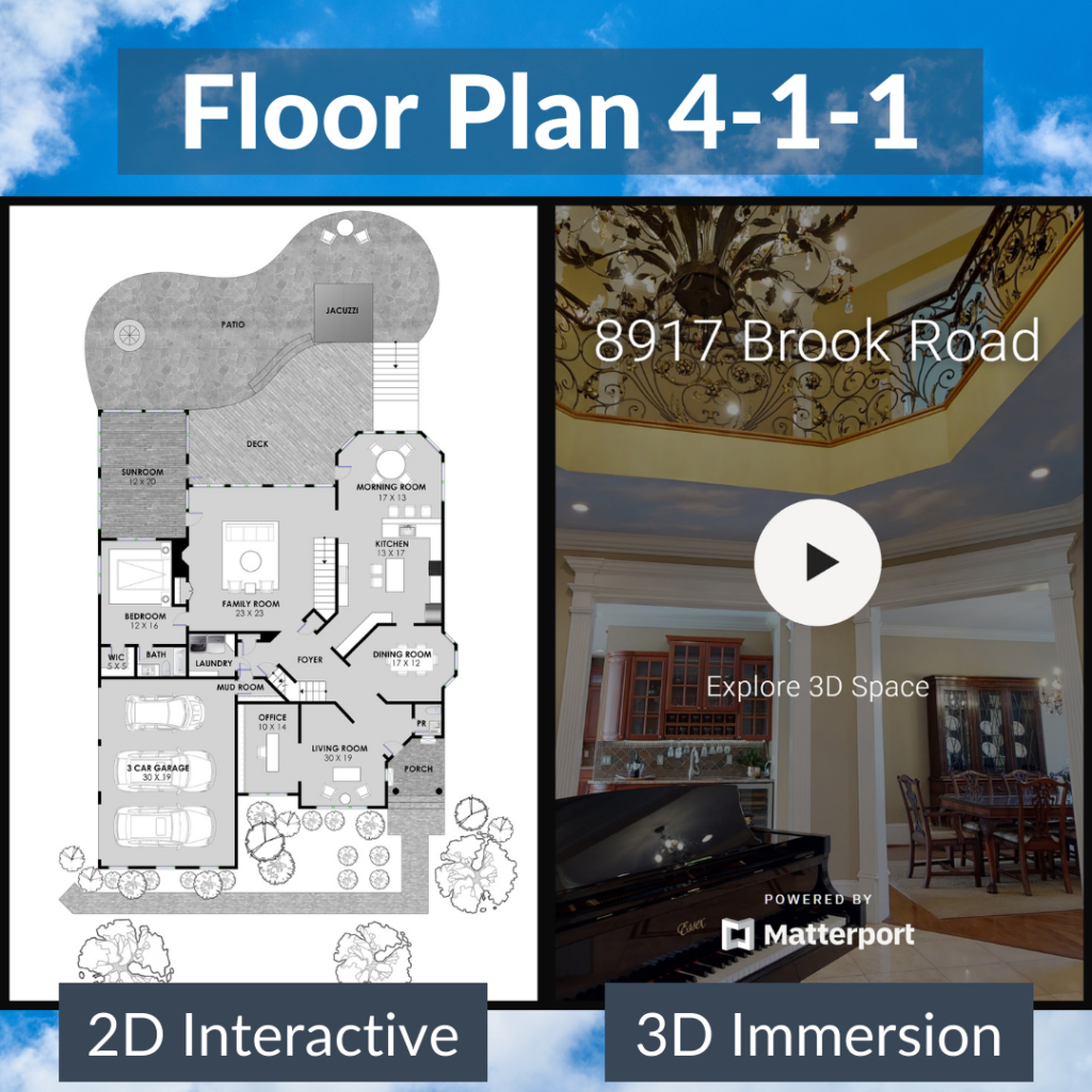 2 types of floor plans are displayed side by side comparing a 2D interactive floor plan to a 3D Matterport floorplan