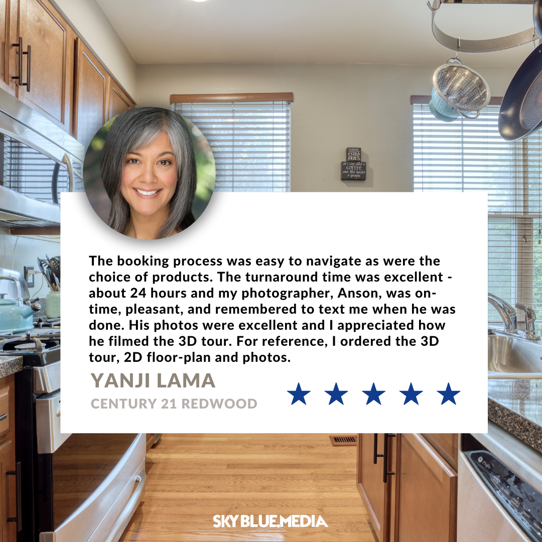 Speech bubble with written testimonial for Sky Blue Media services from Realtor Yanji Lama with Century 21 Redwood Realty