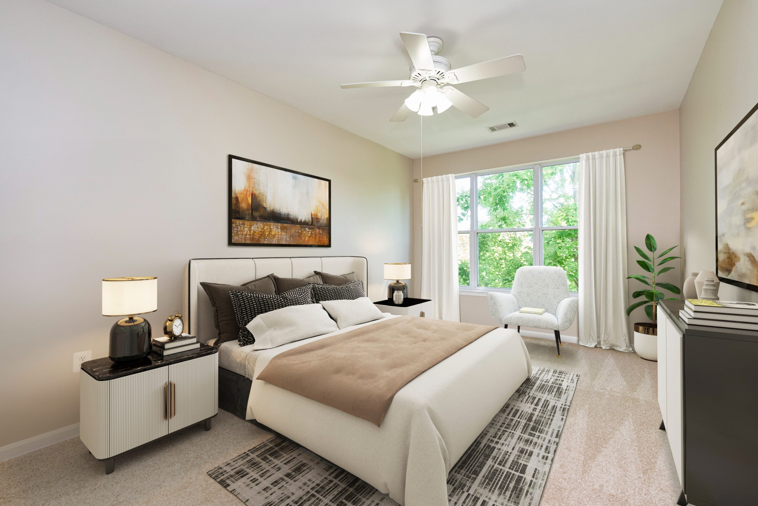 bright bedroom in a luxury condo in Vienna, VA which has been virtually staged with modern furnishings