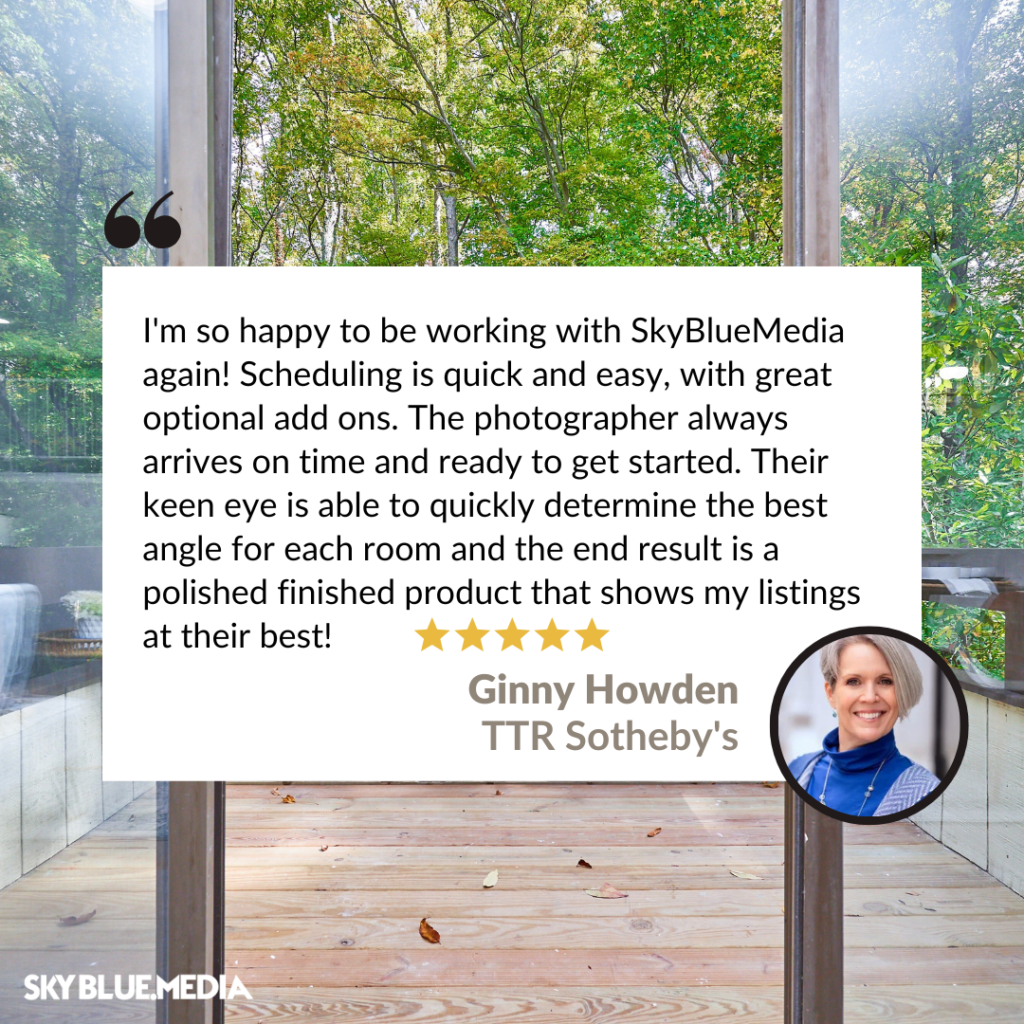 Speech bubble with written testimonial for Sky Blue Media services from Realtor Ginny Howden with TTR Sotheby's International Realty