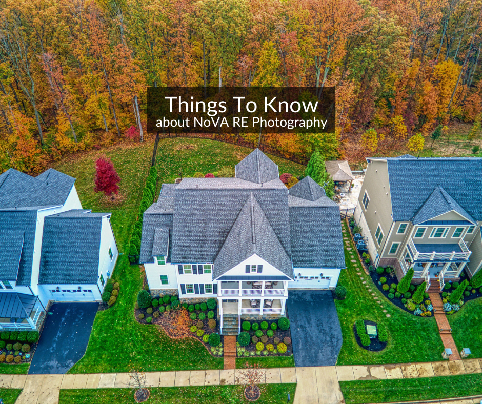 Professional drone photo of a large single family home in Northern Virginia from above, with beautiful fall colored forest buffer behind