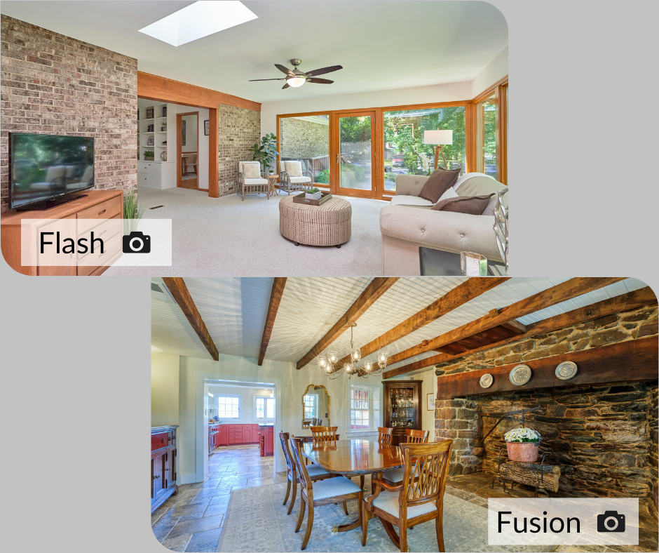 Graphic showing an professional interior photo shot with Flash photography on top with another photo on the bottom of a different interior photo with Fusion photography