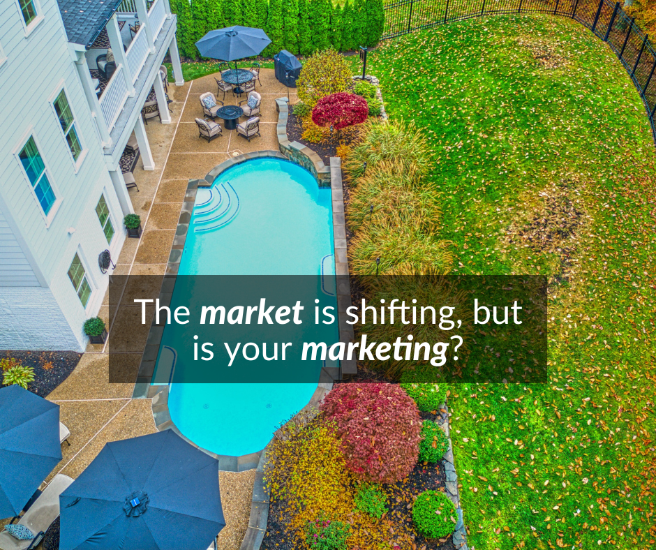 Professional drone photo of a backyard with pool and intricate landscaping. The words, "The market is shifting, but is your marketing?" appear overtop of the photo.