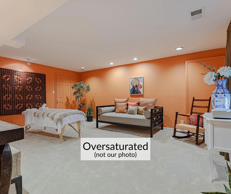 Professional photo of a spa room shot by a local competitor, showing colors that are so oversaturated the walls look a completely different color. SBM was hired to reshoot this property for many reasons, over-saturation by the other photographer being one of them.