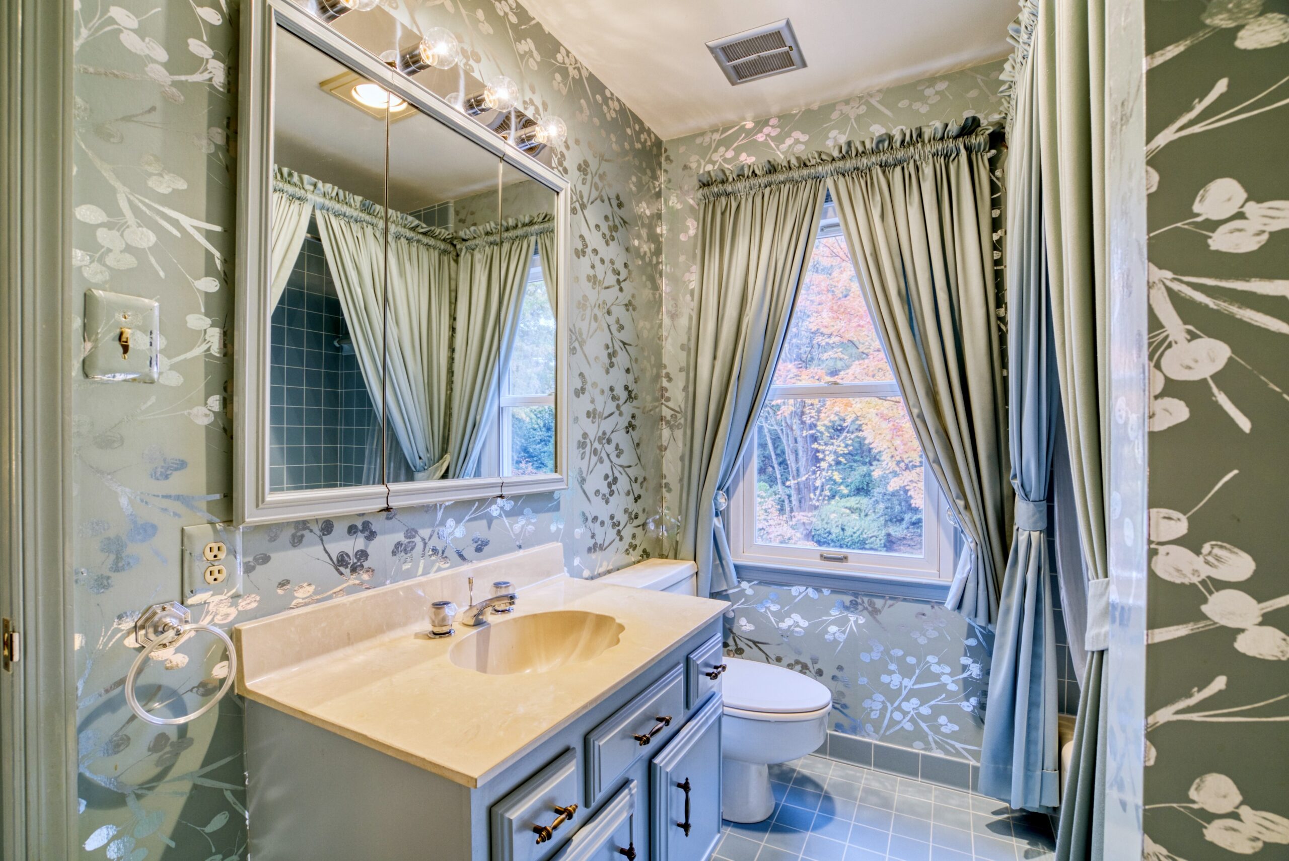 Interior professional photo of 1324 Skipwith Road - a full bathroom with antique blue shiny wallpaper and long window and shower curtains