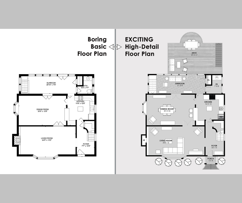 side by side comparison of a typical basic real estate floor plan next to a Sky Blue Media floor plan which shows additional interior details as well as exterior details and measurements
