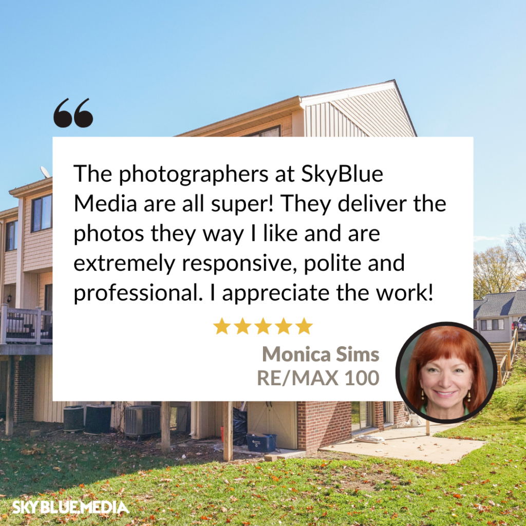 Speech bubble with written testimonial for Sky Blue Media services from Realtor Monica Sims with RE/MAX 100