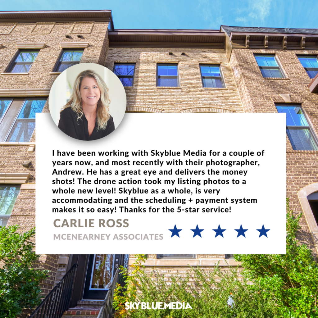 Speech bubble with written testimonial for Sky Blue Media services from Realtor Carlie Ross with McEnearney Associates