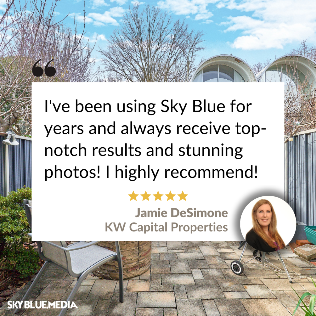 Speech bubble with written testimonial for Sky Blue Media services from Realtor Jamie DeSimone with KW Capital Properties
