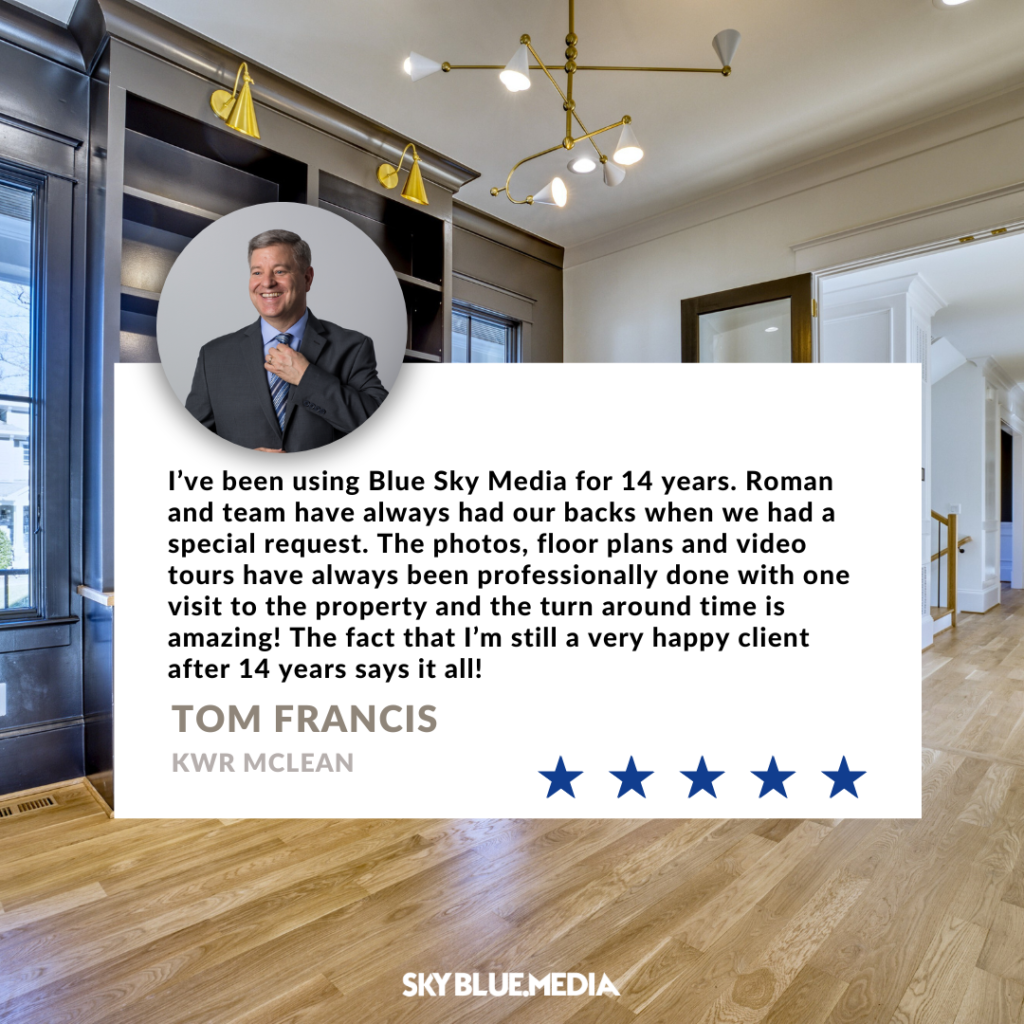 Speech bubble with written testimonial for Sky Blue Media services from Realtor Tom Francis with Keller Williams Realty McLean