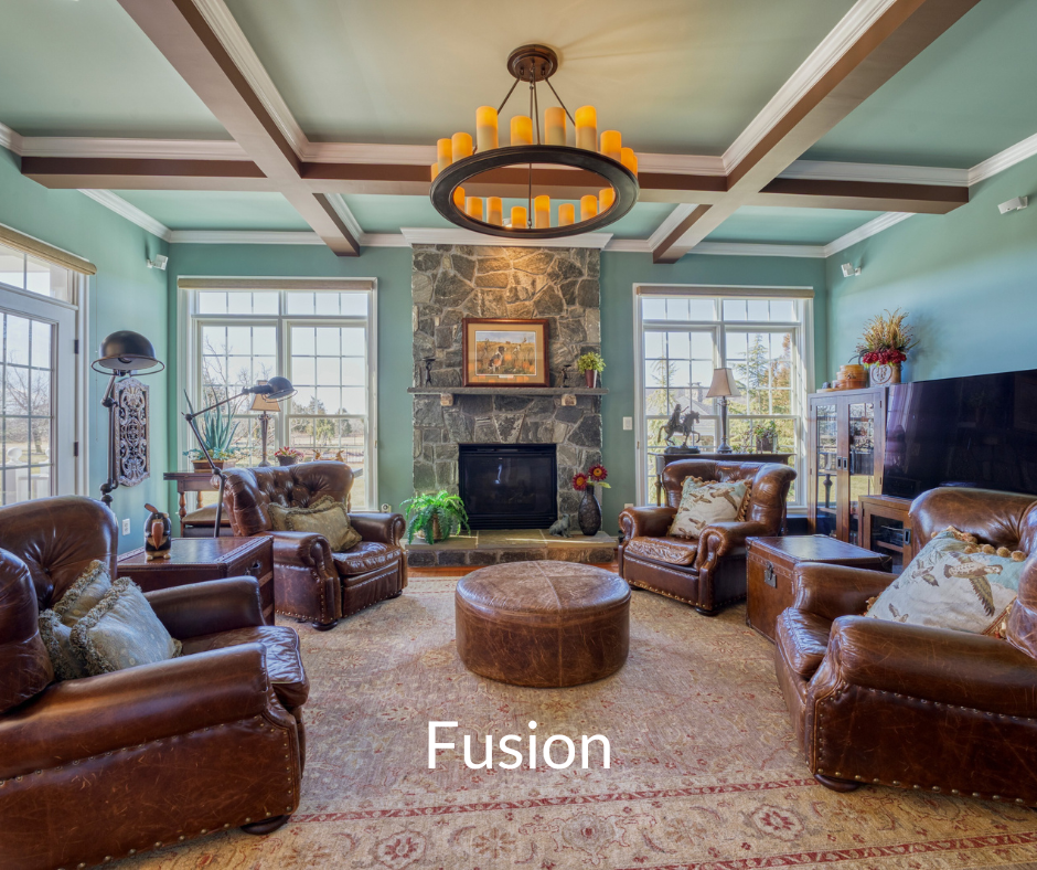 Professional Fusion photo of a living room with dark leather furniture and coffered ceiling. Label "Fusion" overlay in white
