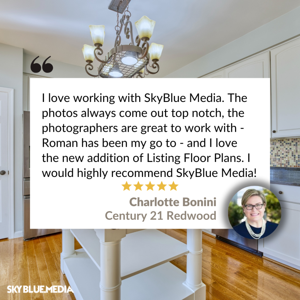 Speech bubble with written testimonial for Sky Blue Media services from Realtor Charlotte Bonini with Century 21 Redwood Realty