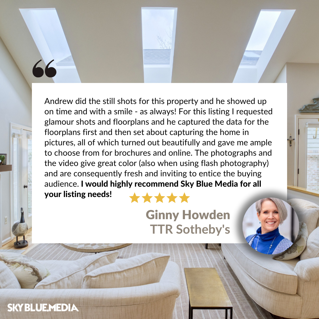 Speech bubble with written testimonial for Sky Blue Media services from Realtor Ginny Howden with TTR Sotheby's