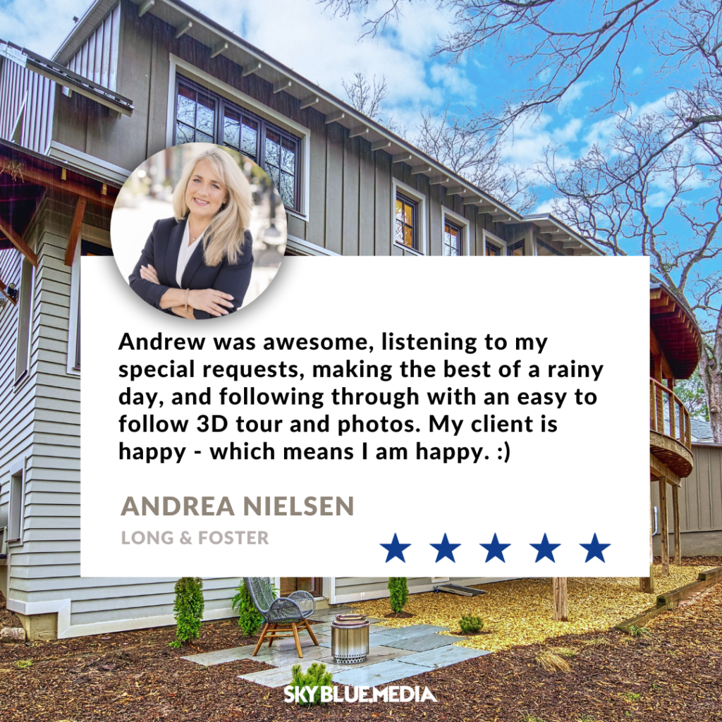 Speech bubble with written testimonial for Sky Blue Media services from Realtor Andrea Nielsen with Long & Foster