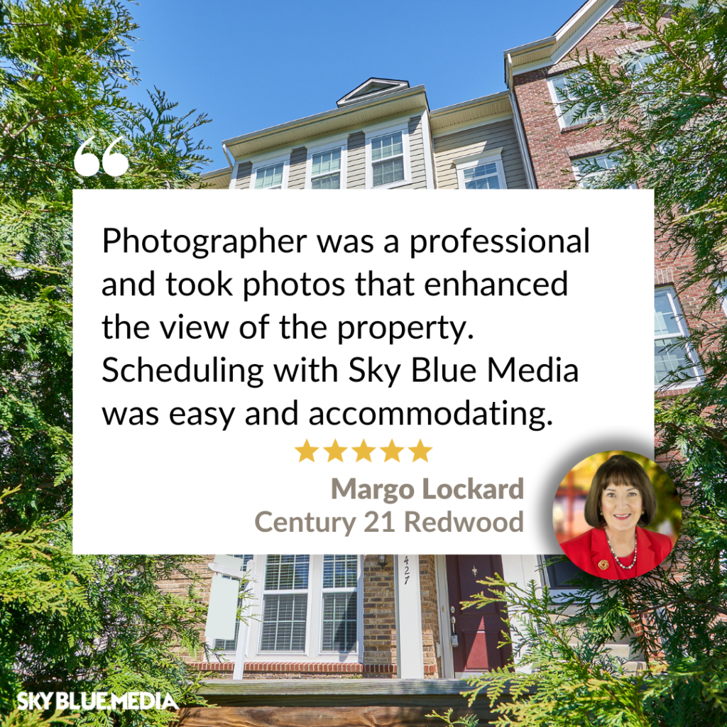 Speech bubble with written testimonial for Sky Blue Media services from Realtor Margo Lockard with Century 21 Redwood - one of many reviews
