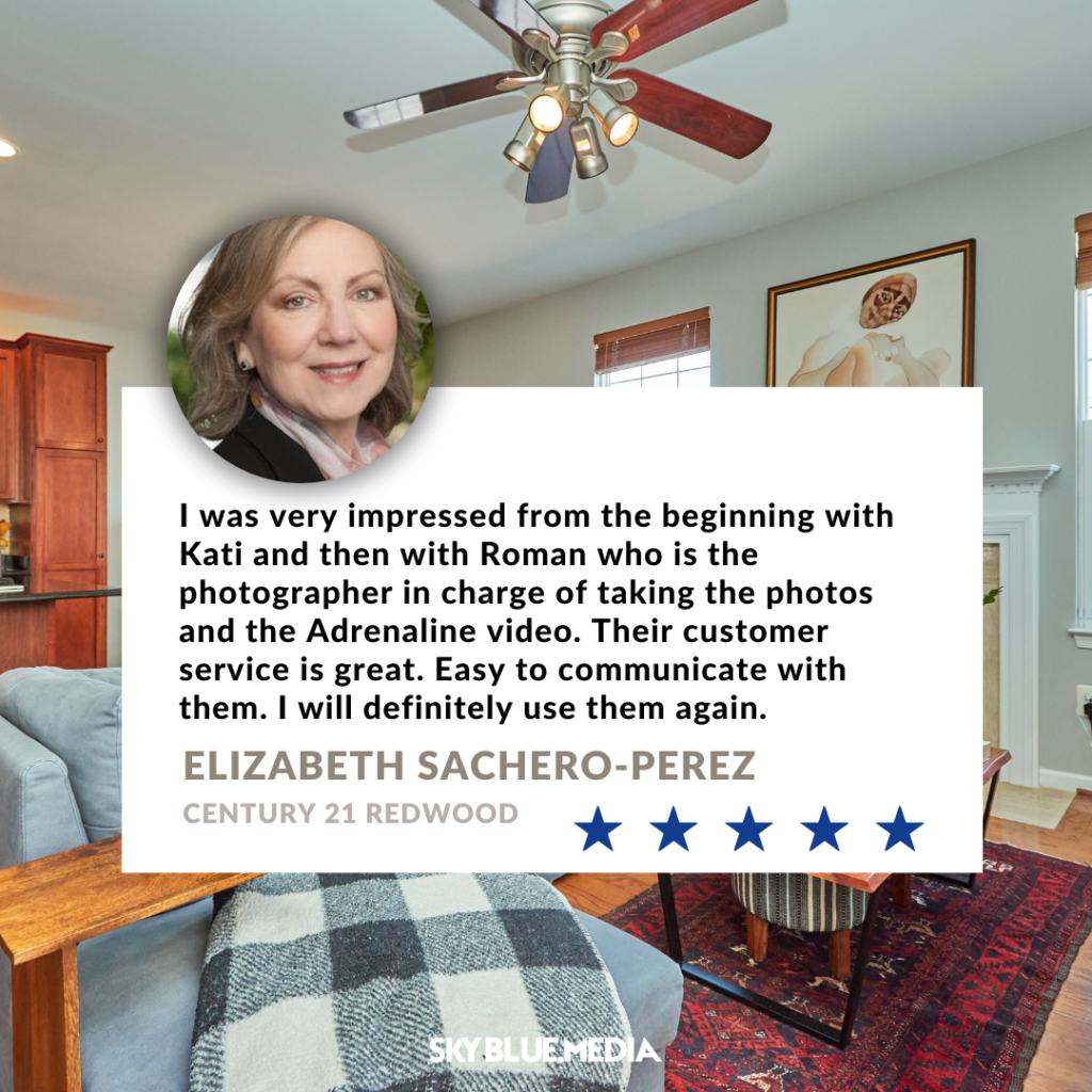 Speech bubble with written testimonial for Sky Blue Media services from Realtor Elizabeth Sachero-Perez with Century 21 Redwood - one of many reviews

