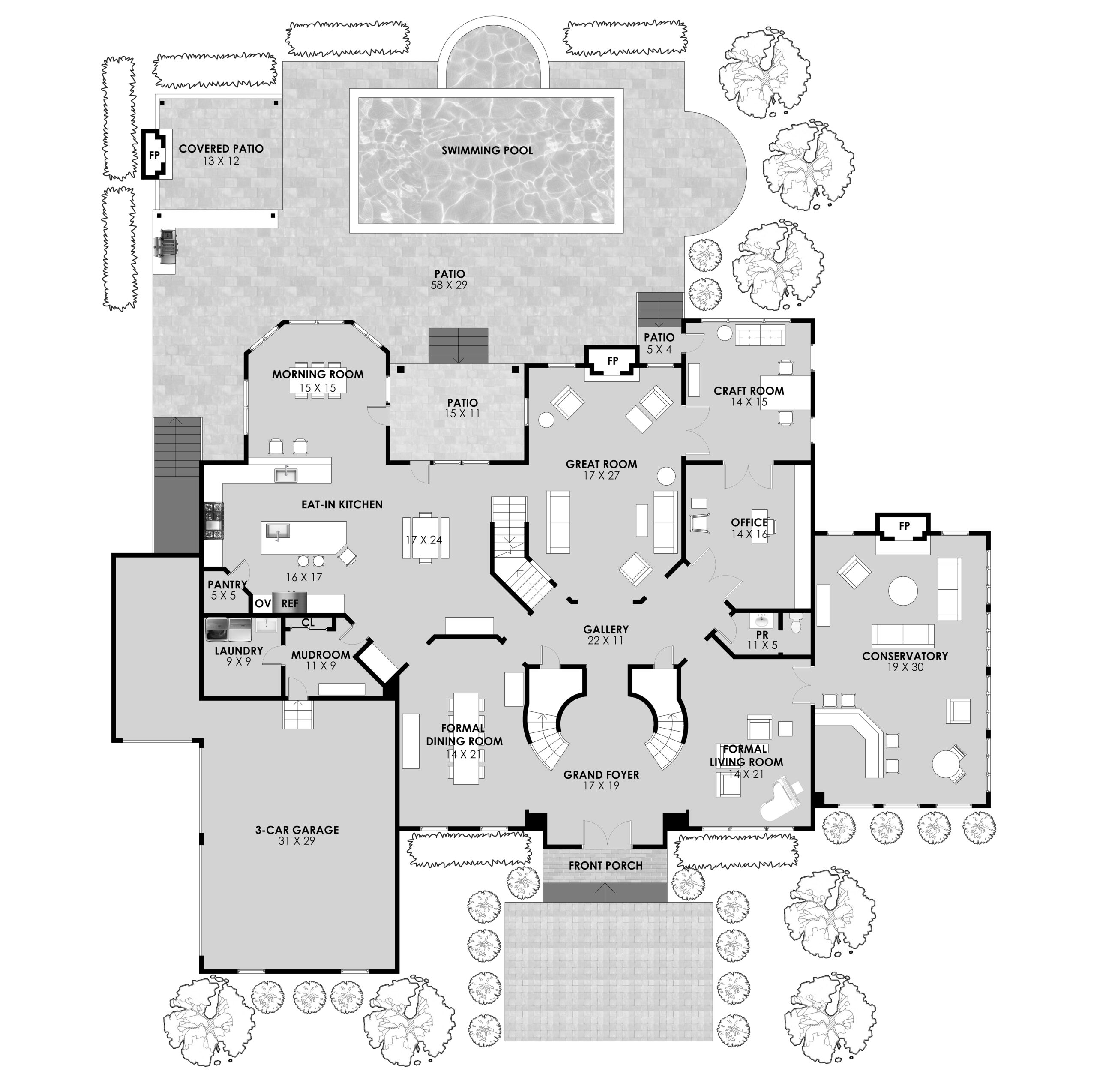 high-detail 2D floor plans done by Sky Blue Media showing details and exterior features