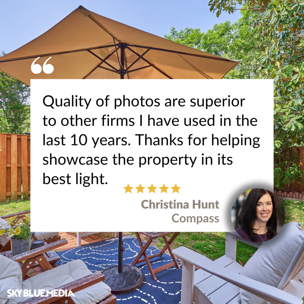 Speech bubble with written testimonial for Sky Blue Media services from Realtor Christina Hunt with Compass - one of many reviews
