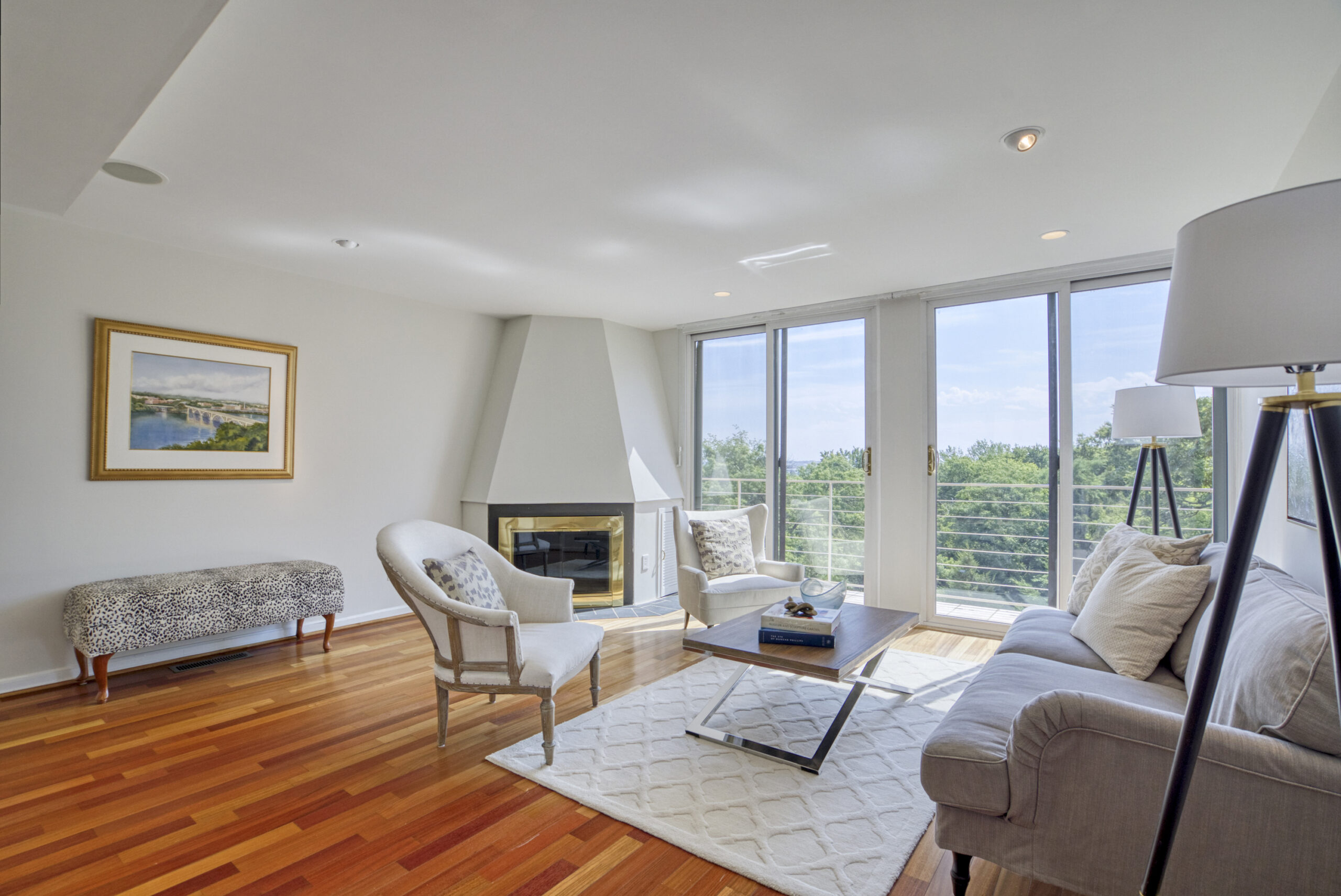 Professional interior photo of 1215 N Nash St #1, Arlington - showing the living room from the perspective of standing in the hallways with hardwood floors, built-in fireplace and large glass balcony doors