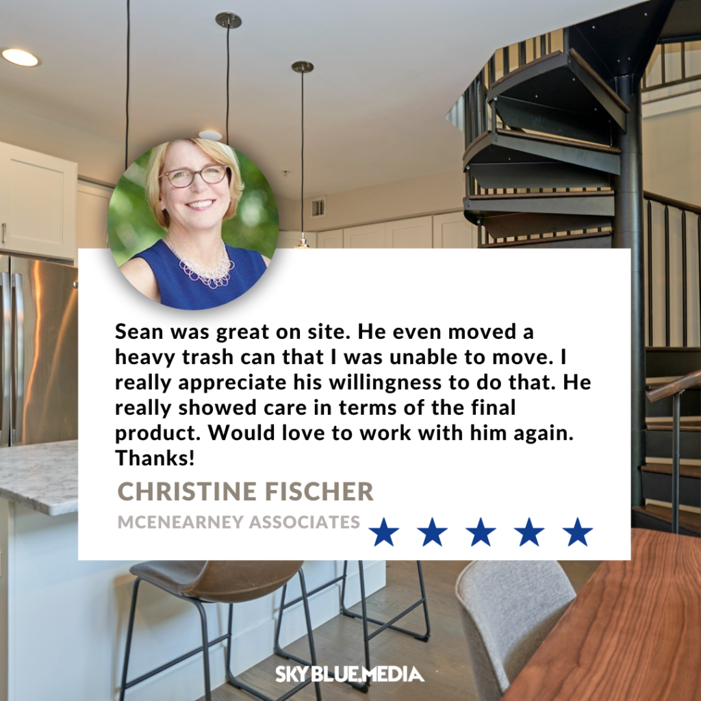 Speech bubble with written testimonial for Sky Blue Media services from Realtor Christine Fischer with McEnearney Associates - one of many reviews
