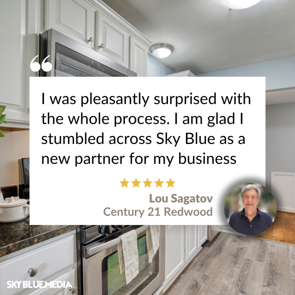 Speech bubble with written testimonial for Sky Blue Media services from Realtor Lou Sagatov with Century 21 Redwood - one of many reviews