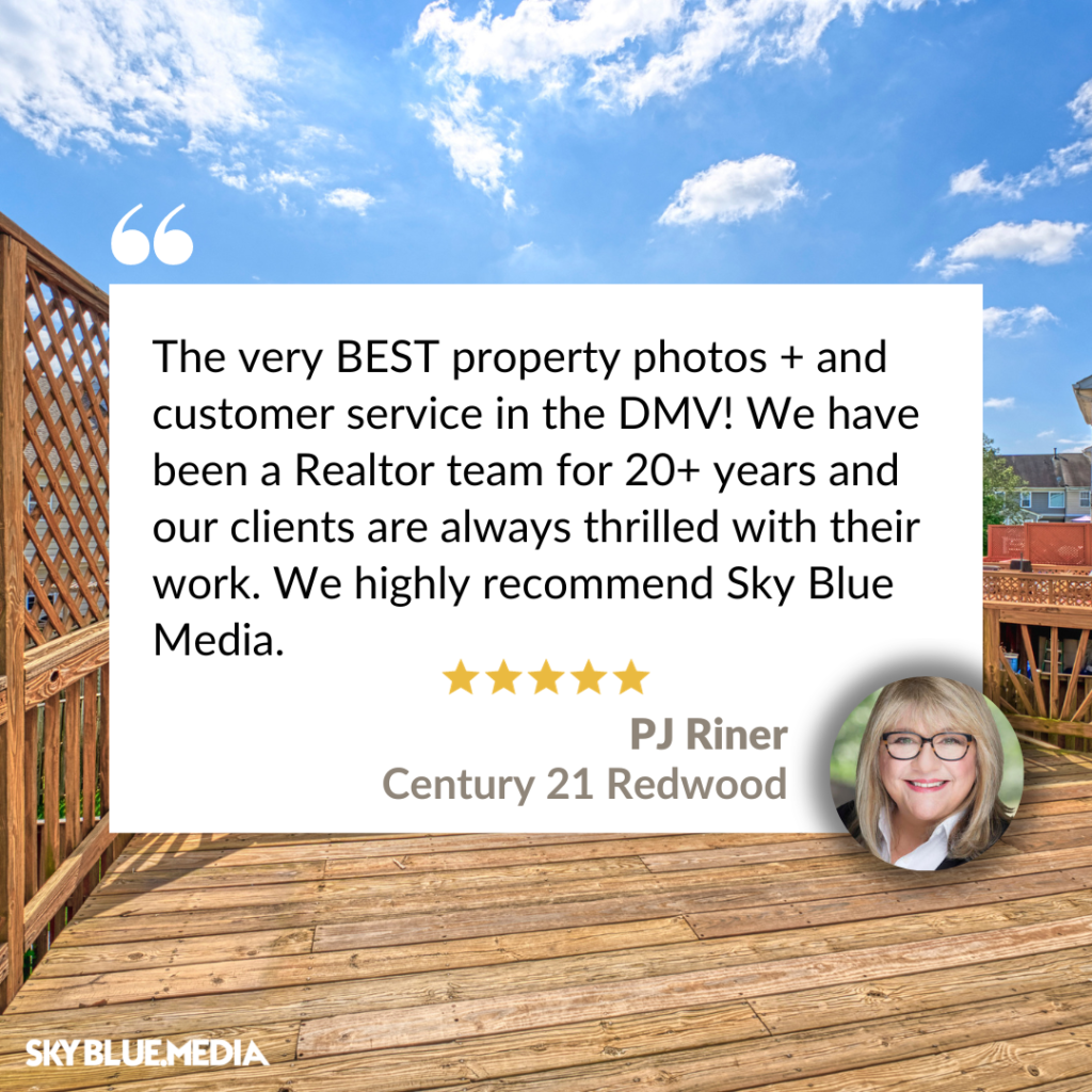Speech bubble with written testimonial for Sky Blue Media services from Realtor PJ Riner with Century 21 Redwood in Leesburg - one of many reviews