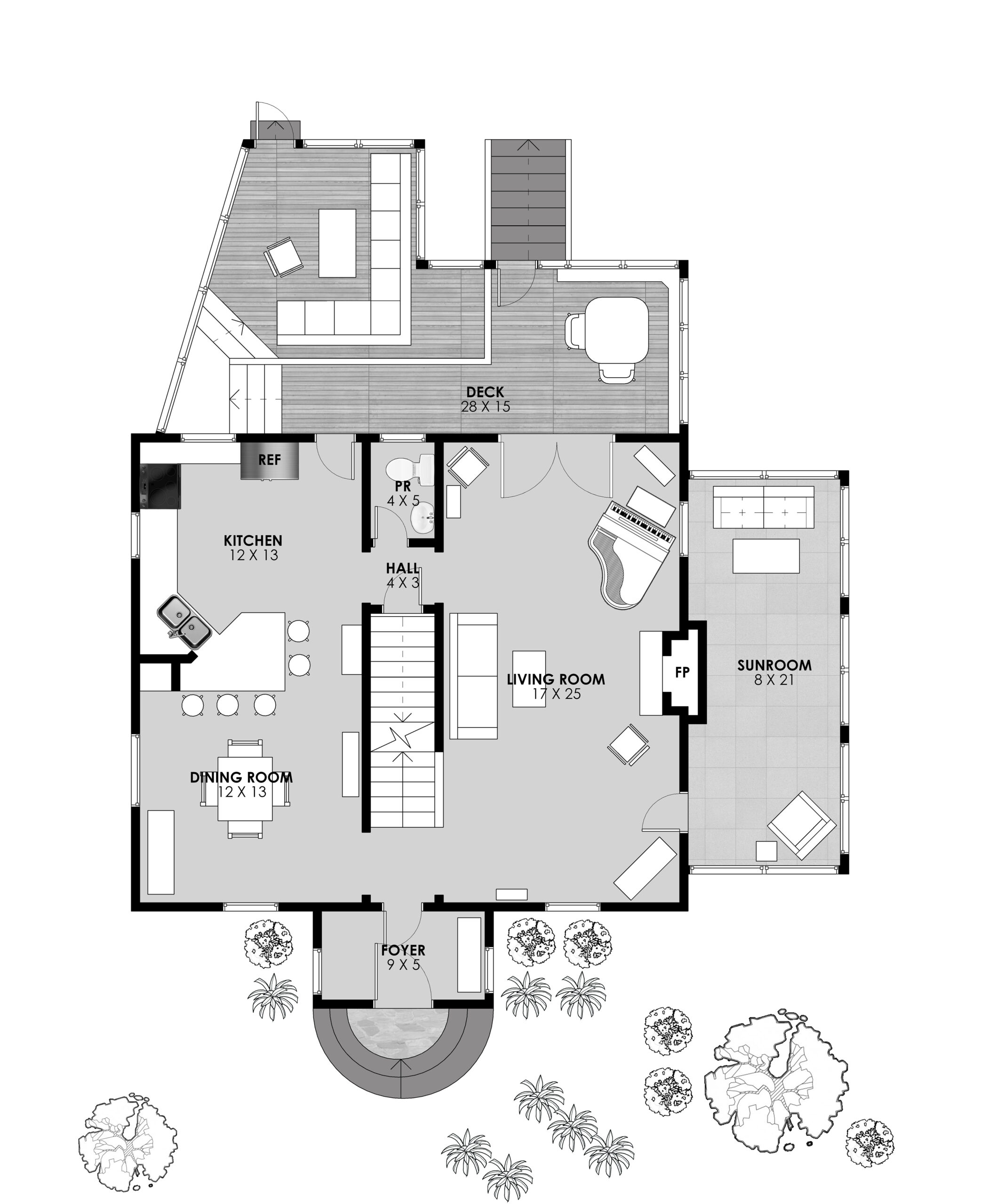 High detail floor plan of the main level of 15 N Fenwick Street showing all interior and exterior detailing including landscaping and multi-level decks