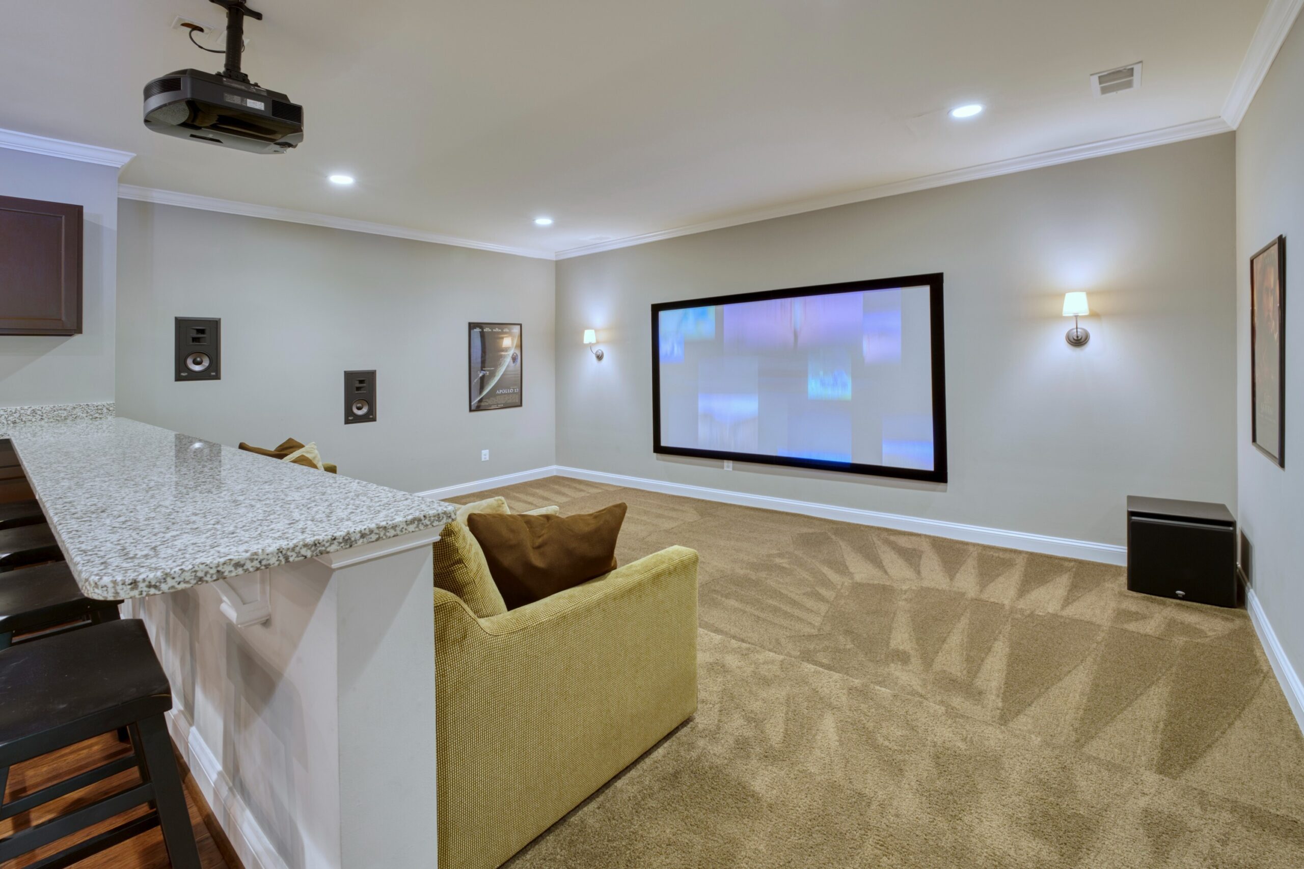 Professional interior photo of 40046 Mount Gilead Rd in Leesburg, Virginia - showing the media room which is recessed off the billiards room bar