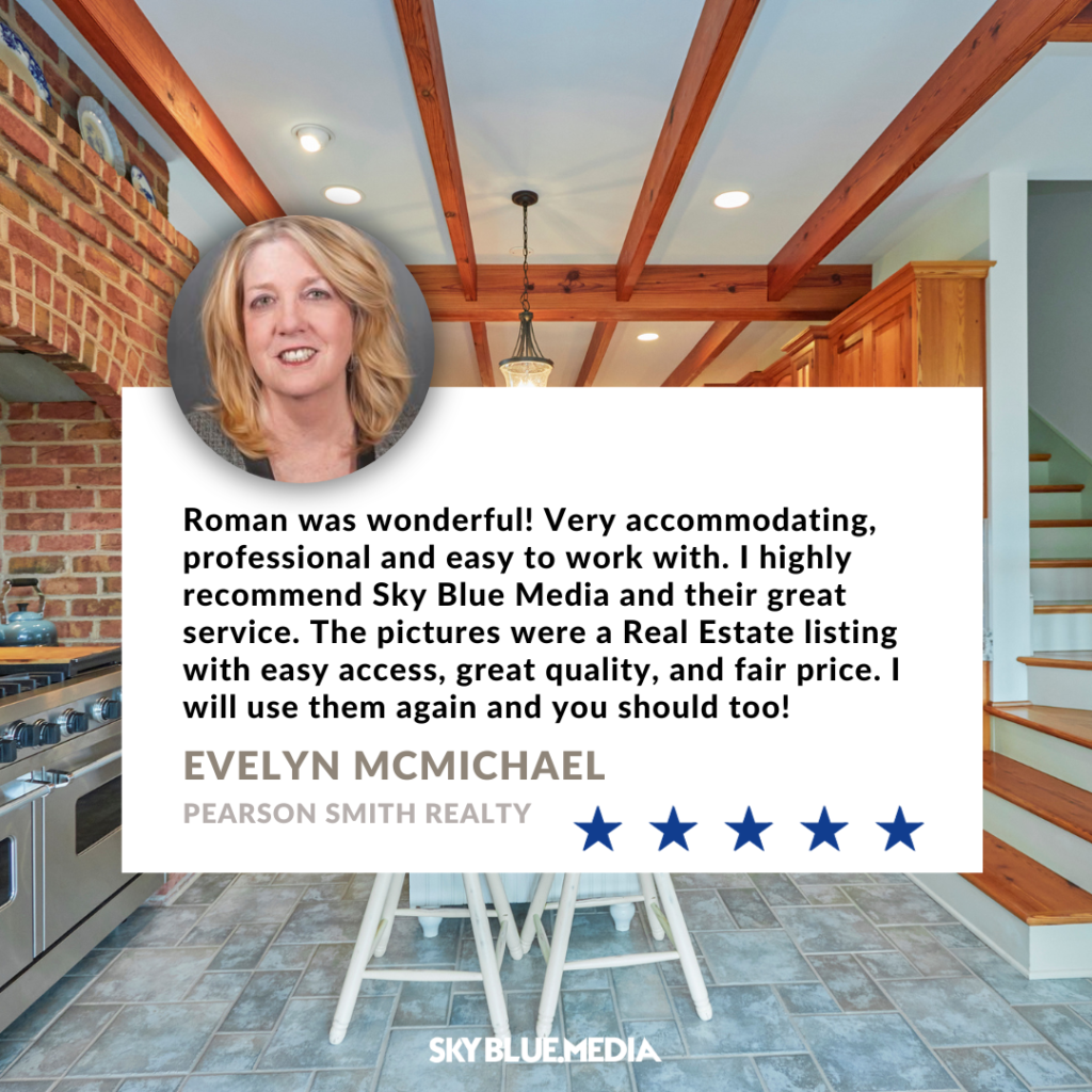 Speech bubble with written testimonial for Sky Blue Media services from Realtor Evelyn McMichael with Pearson Smith Realty in Ashburn - one of many reviews