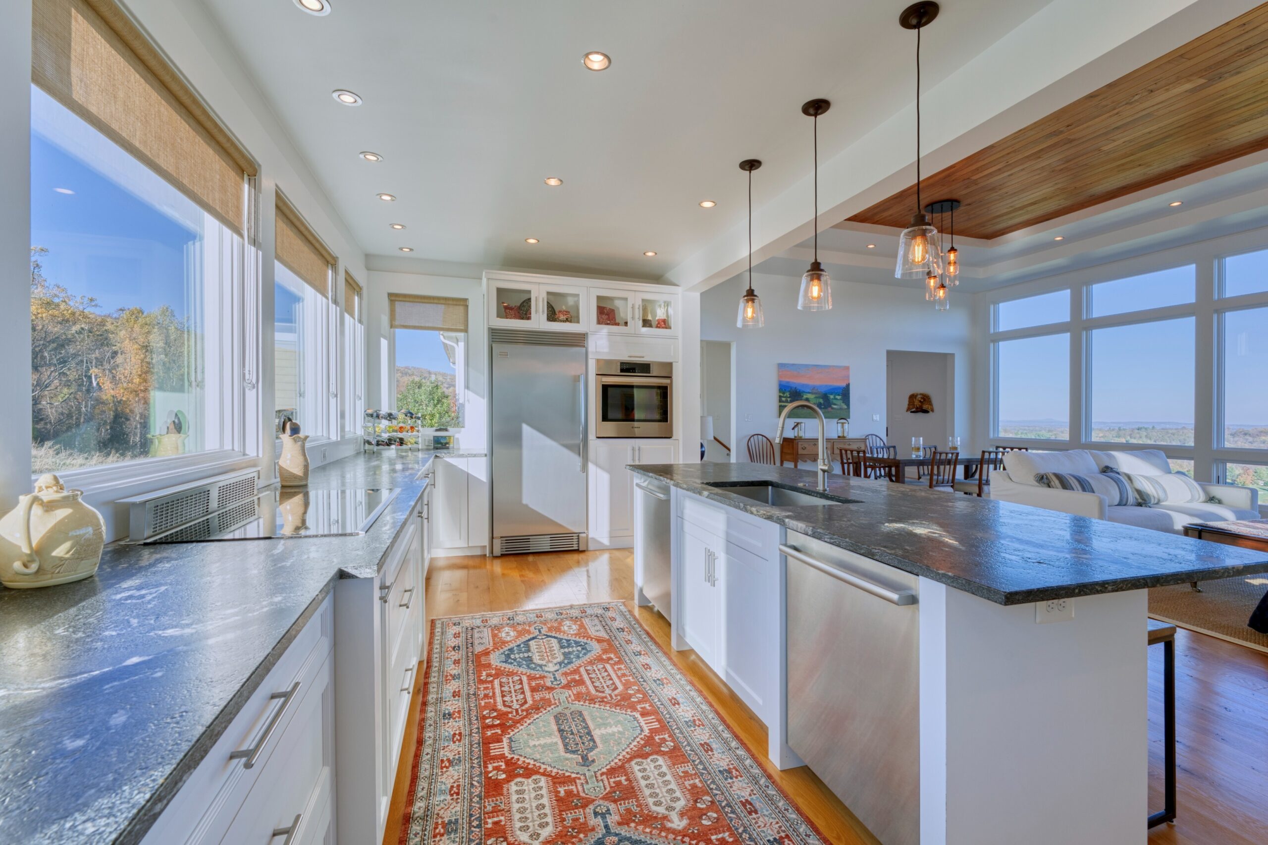 Professional interior photo of 17151 Brookdale Ln in Round Hill, VA - showing the kitchen with stone countertops, high-end stainless appliances, large island and views out either side through large windows