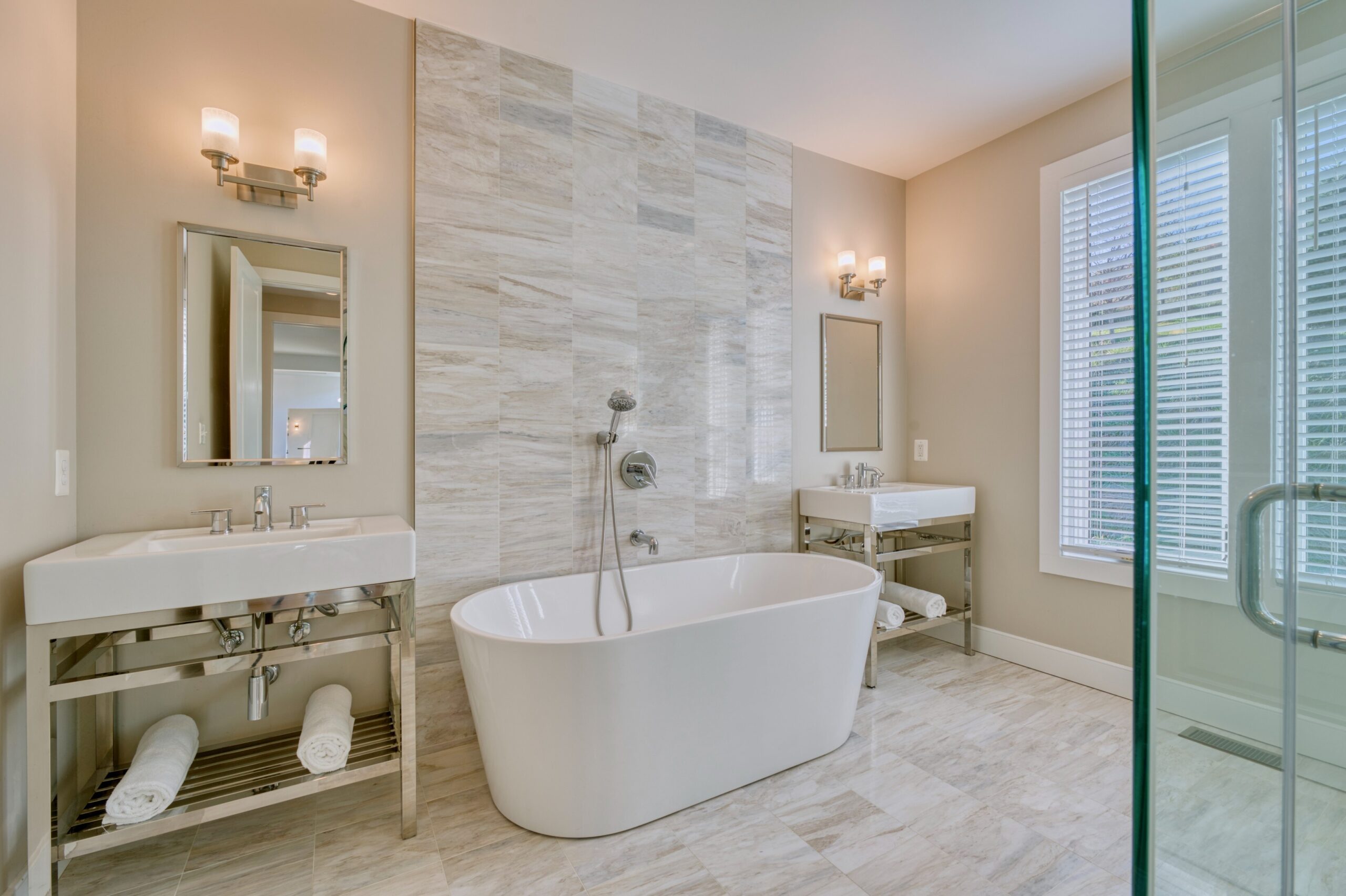 Professional interior photo of 17151 Brookdale Ln in Round Hill, VA - showing the primary bathroom with high end finishes and deep soaking tub