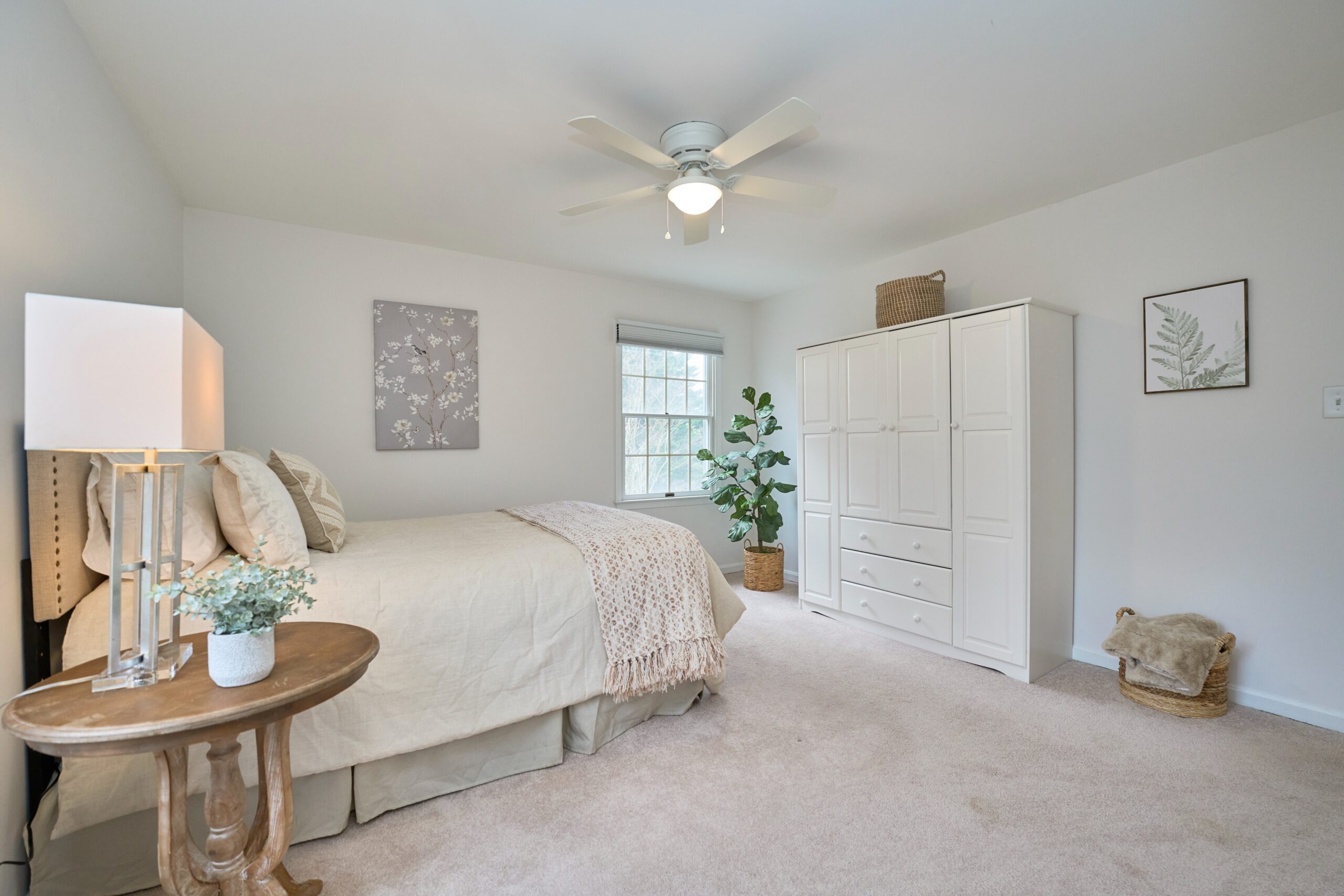 Professional interior photo of 3103 Indian Run Rd - showing the primary bedroom with white walls, white ceiling fan and plus new carpet