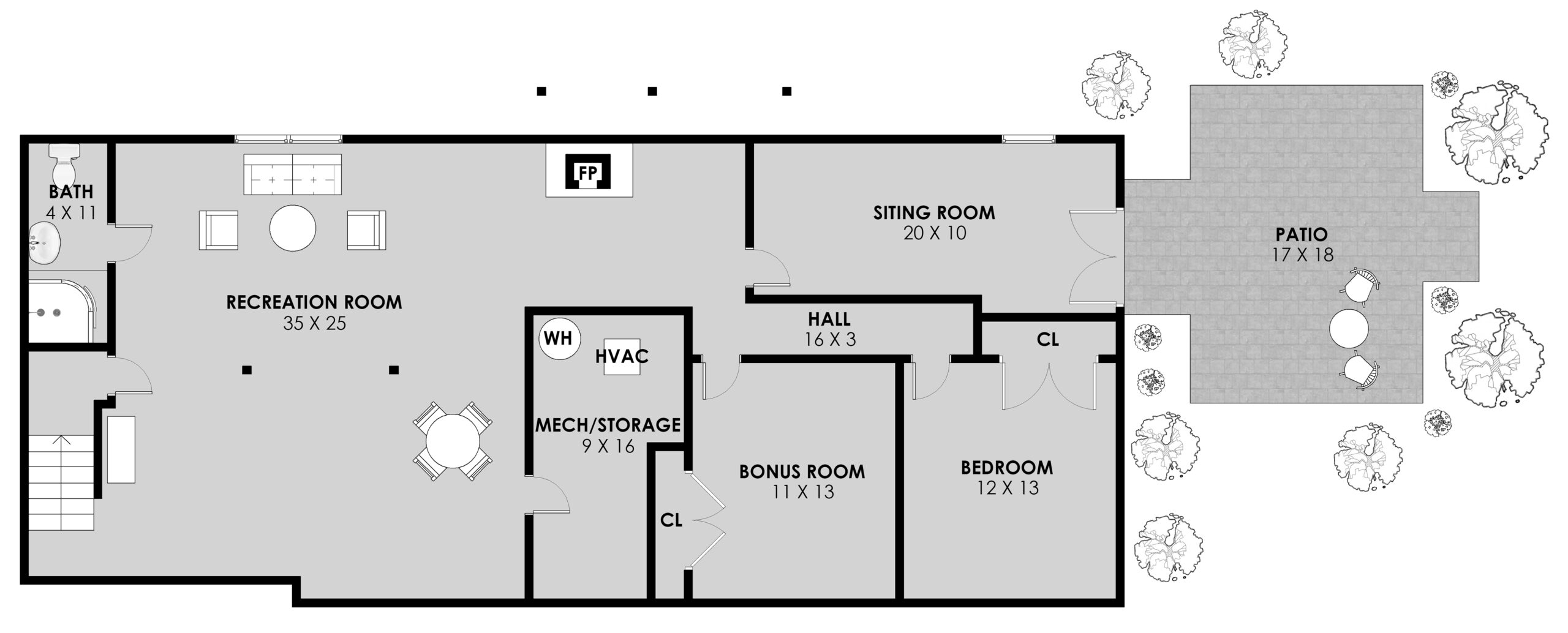 Professional high detail floor plan of of 3103 Indian Run Rd - showing the lower level with details of furniture, fireplace, cooling functions, and exterior landscaping and patio