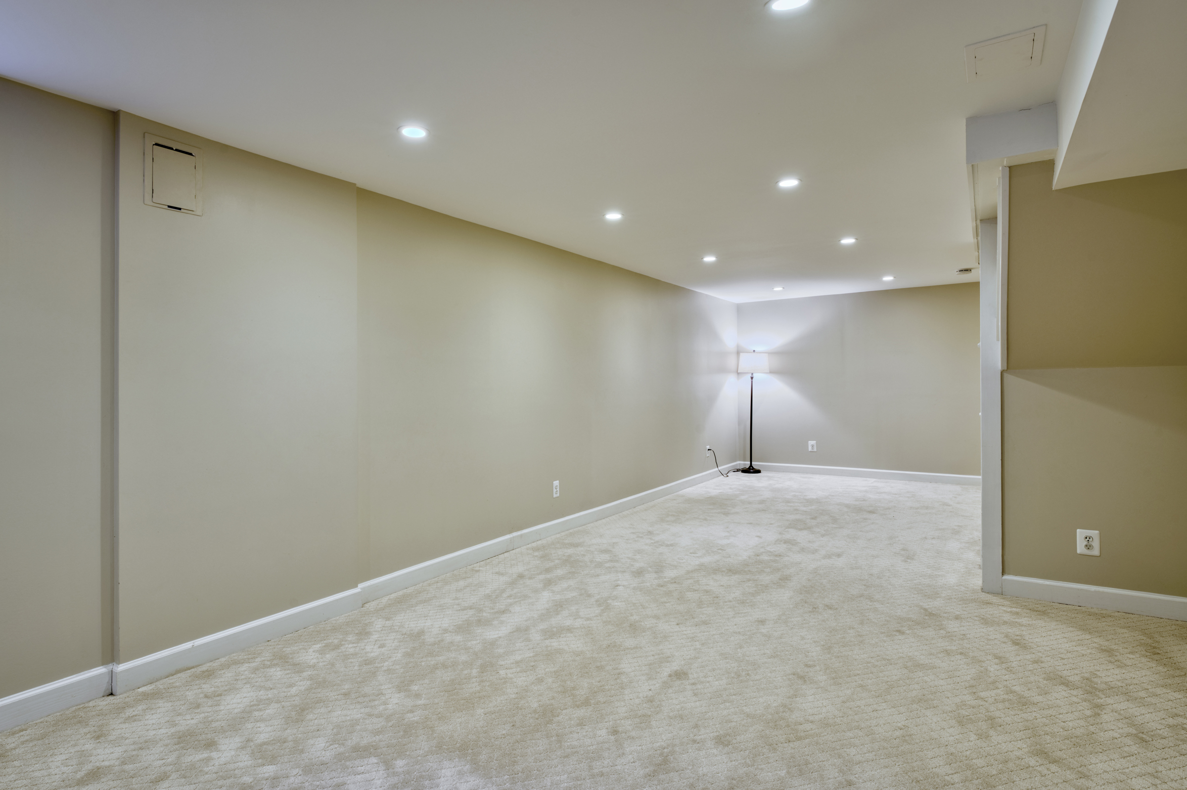 Professional interior photo of 2624 Depaul Dr in Vienna, VA - showing the main area in the fully finished basement with beige carpeting 