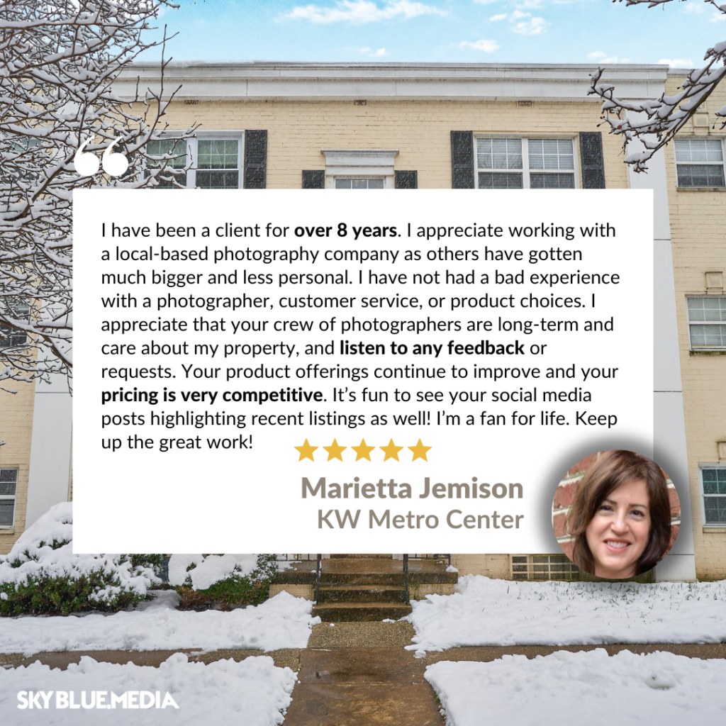 Speech bubble with written testimonial for Sky Blue Media services from Realtor Marietta Jemison with Keller Williams Realty Metro Center - one of many reviews
