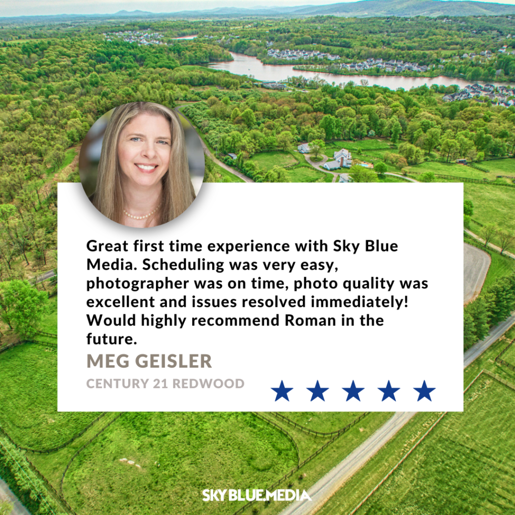 Speech bubble with written testimonial for Sky Blue Media services from Realtor Meg Geisler with Century 21 Redwood Realty - one of many reviews