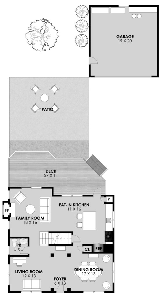 high detail floor plan of the main level of 10028 Hume Ct - showing both interior and exterior features including the deck, patio, detached garage and backyard